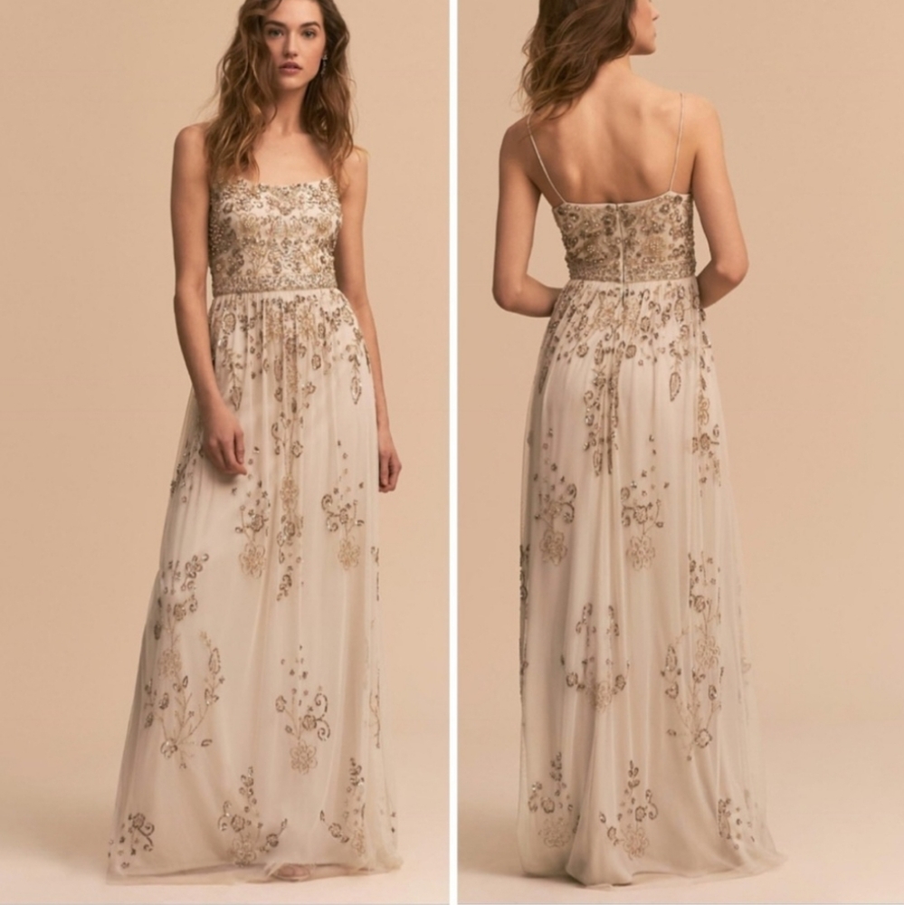 Adrianna Papell Cream and Gold Embellished Maxi Dress